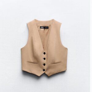 Zara Tailored Short Waistcoat Vest Taupe Brown Small